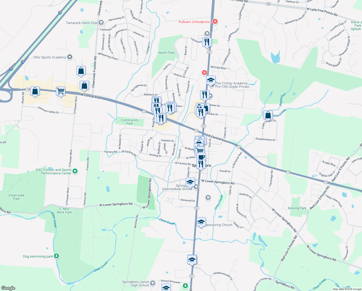map of restaurants, bars, coffee shops, grocery stores, and more near 15 Carey Dr in Springboro