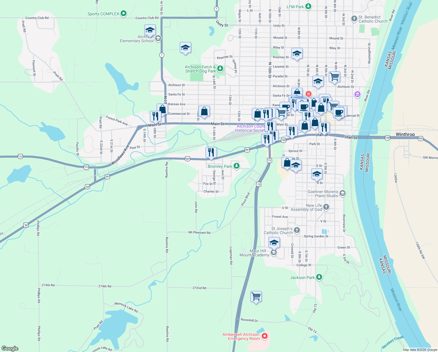 map of restaurants, bars, coffee shops, grocery stores, and more near 1448 Center St in Atchison