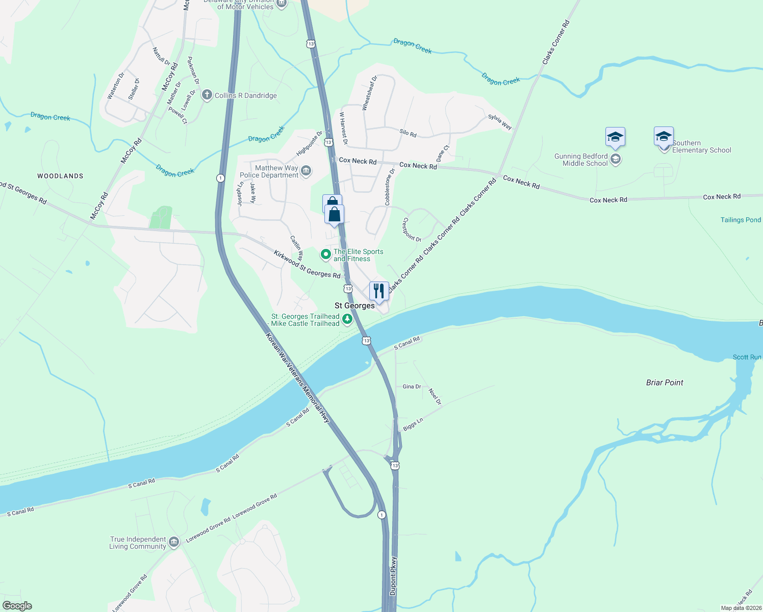map of restaurants, bars, coffee shops, grocery stores, and more near Delaware St in New Castle