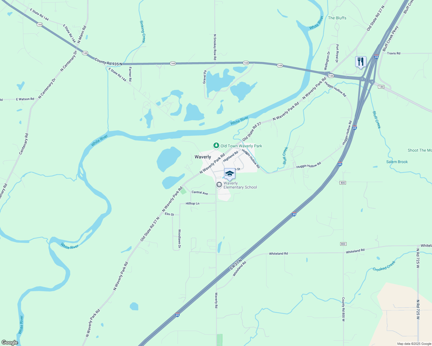map of restaurants, bars, coffee shops, grocery stores, and more near 8525 Edith Street in Martinsville
