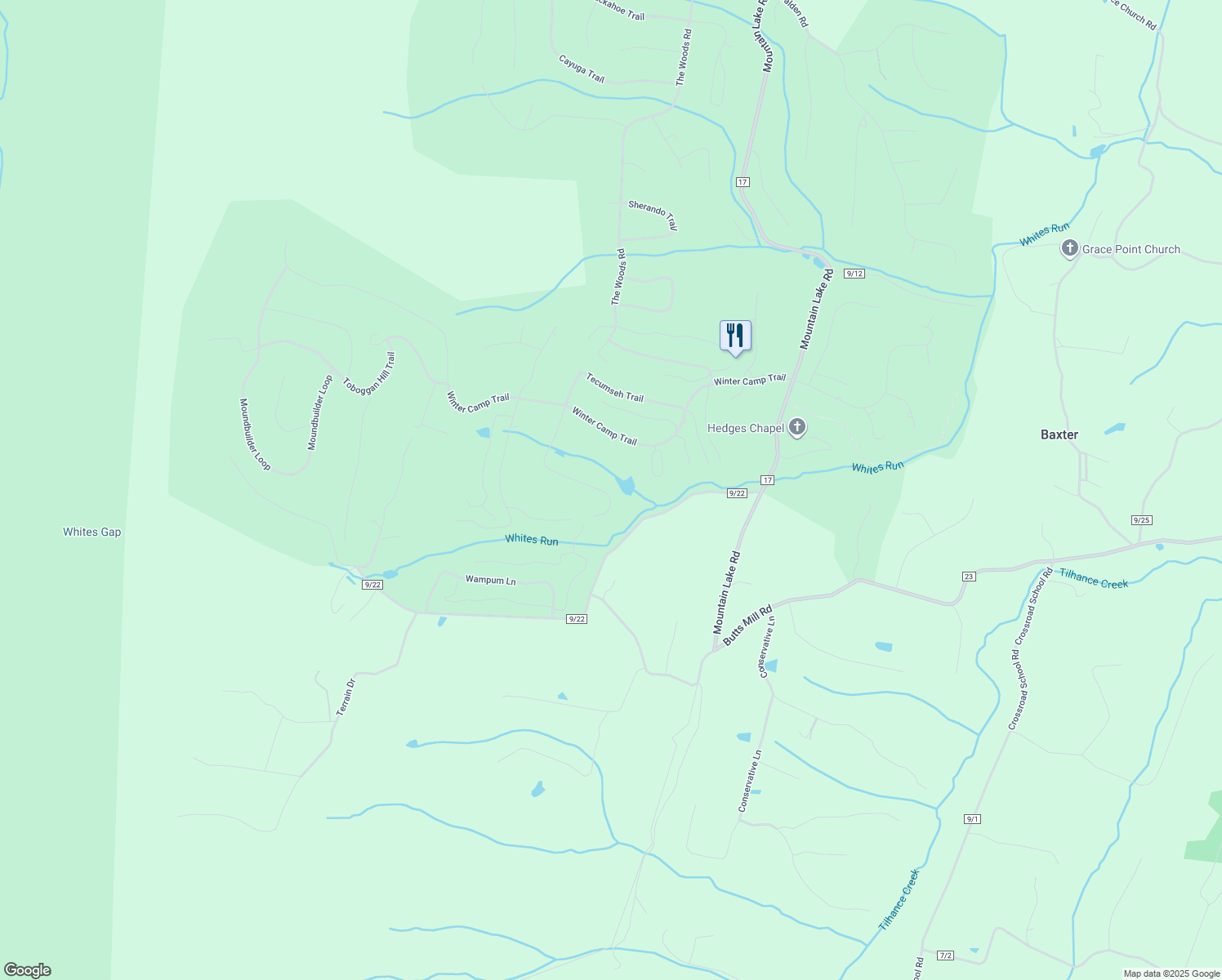 map of restaurants, bars, coffee shops, grocery stores, and more near 1073 Tecumseh Trail in Hedgesville