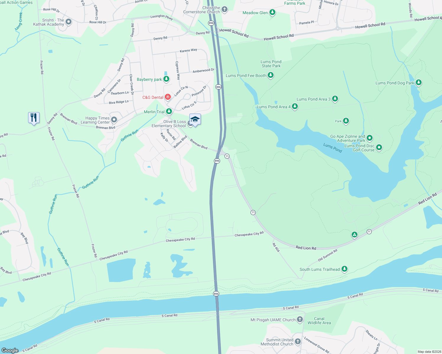 map of restaurants, bars, coffee shops, grocery stores, and more near 3918 Red Lion Road in Bear