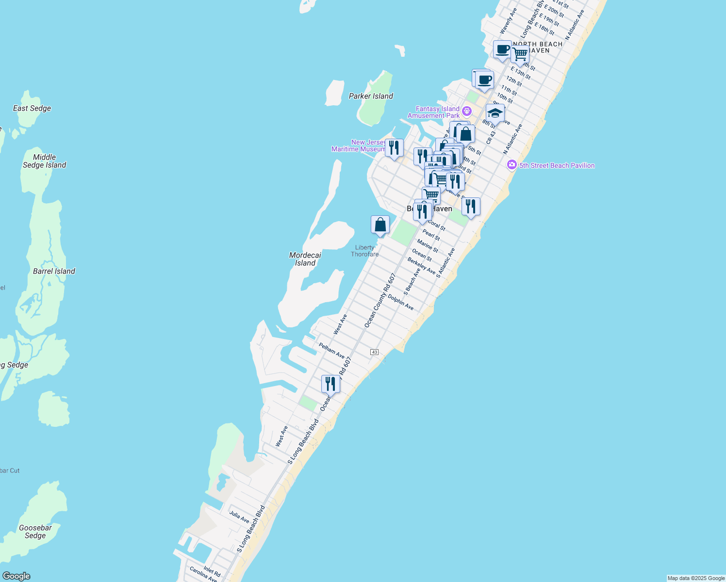 map of restaurants, bars, coffee shops, grocery stores, and more near 339 Essex Ave in Beach Haven