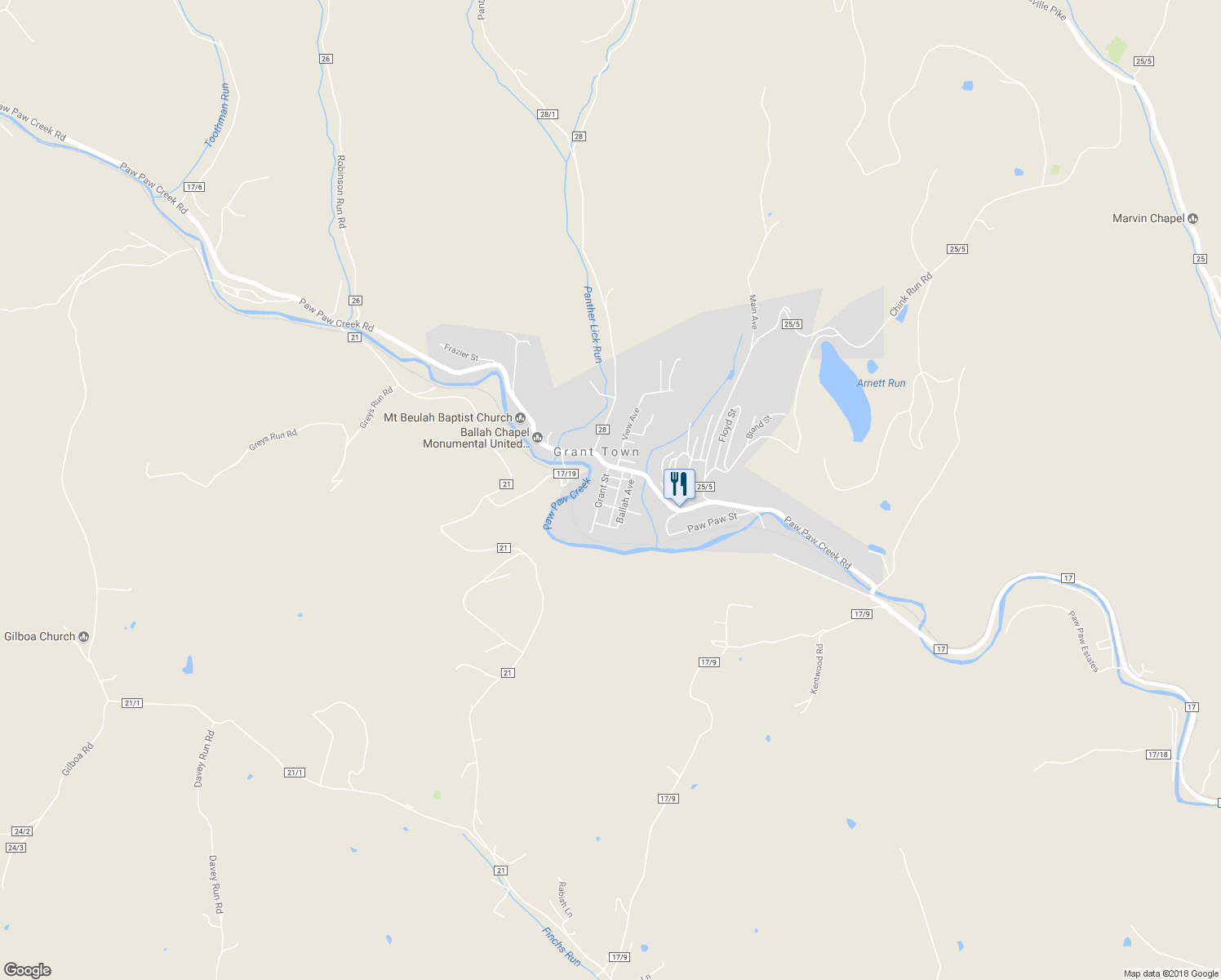 map of restaurants, bars, coffee shops, grocery stores, and more near 102 1st Street in Rivesville