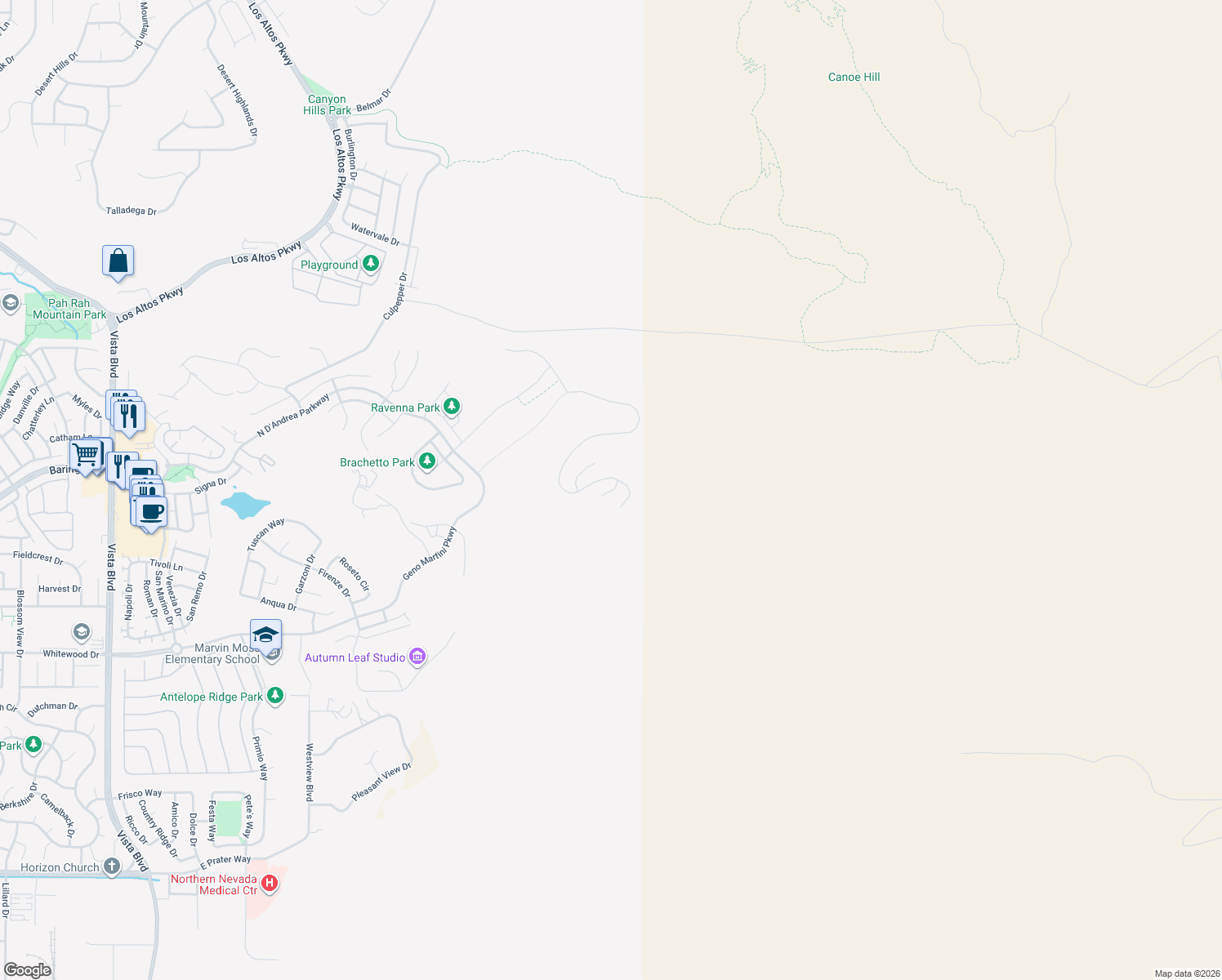 map of restaurants, bars, coffee shops, grocery stores, and more near 2798 Vecchio Drive in Sparks