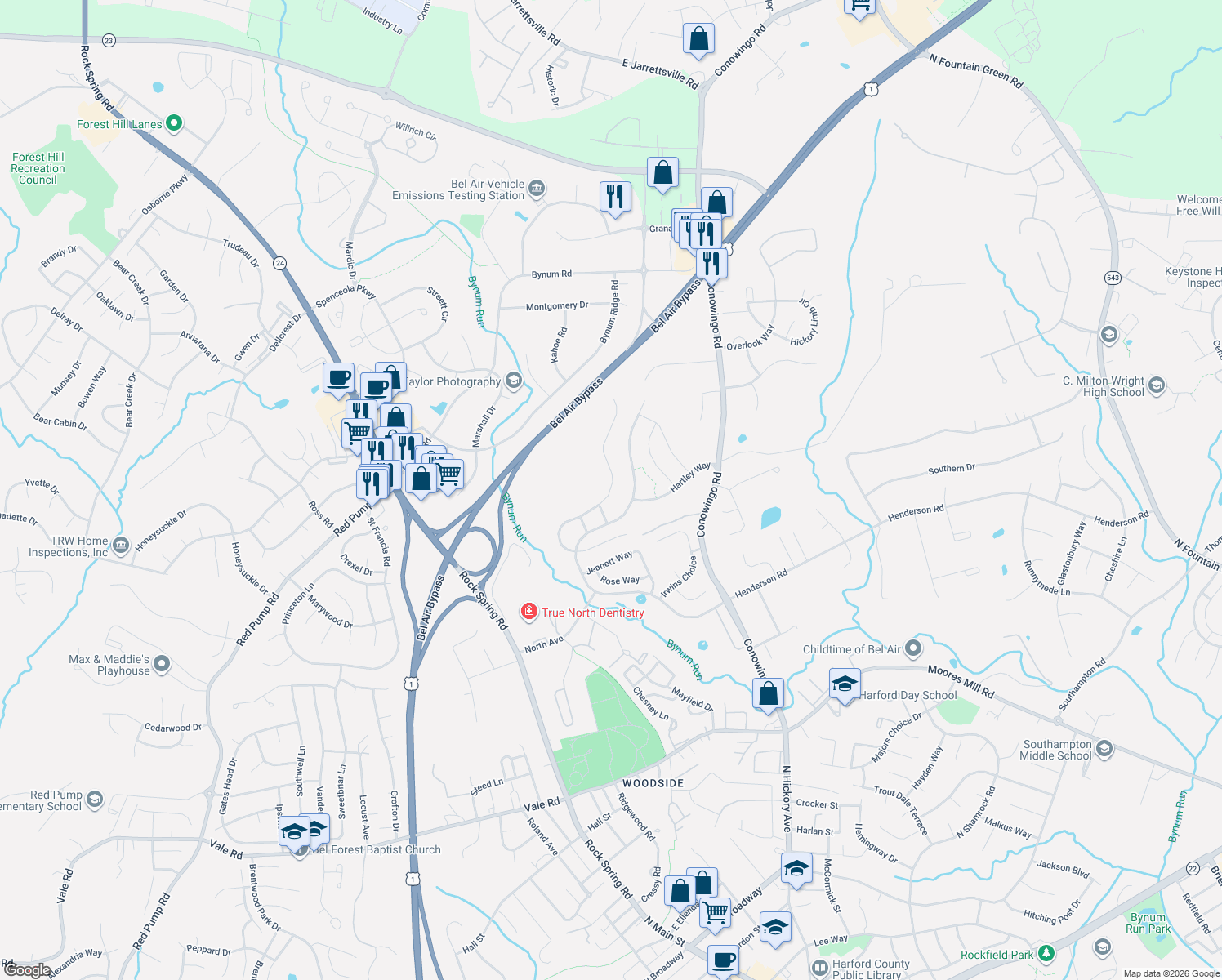 map of restaurants, bars, coffee shops, grocery stores, and more near 1040 Pipercove Way in Bel Air