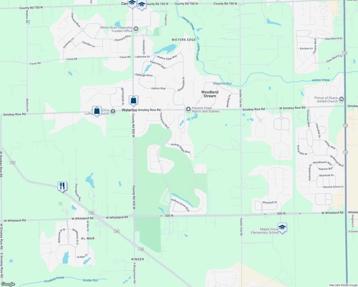 map of restaurants, bars, coffee shops, grocery stores, and more near 4173 Hickory Ridge Boulevard in Greenwood