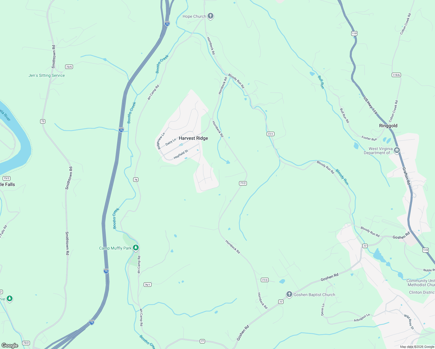 map of restaurants, bars, coffee shops, grocery stores, and more near 1080 Hornbeck Road in Morgantown
