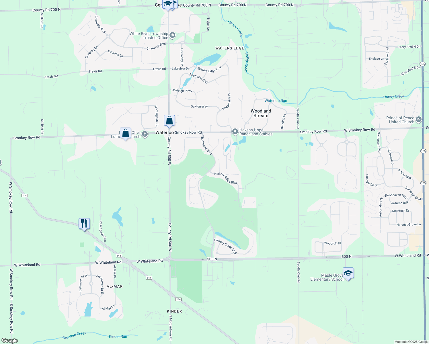 map of restaurants, bars, coffee shops, grocery stores, and more near 4125 Hickory Ridge Blvd in Greenwood