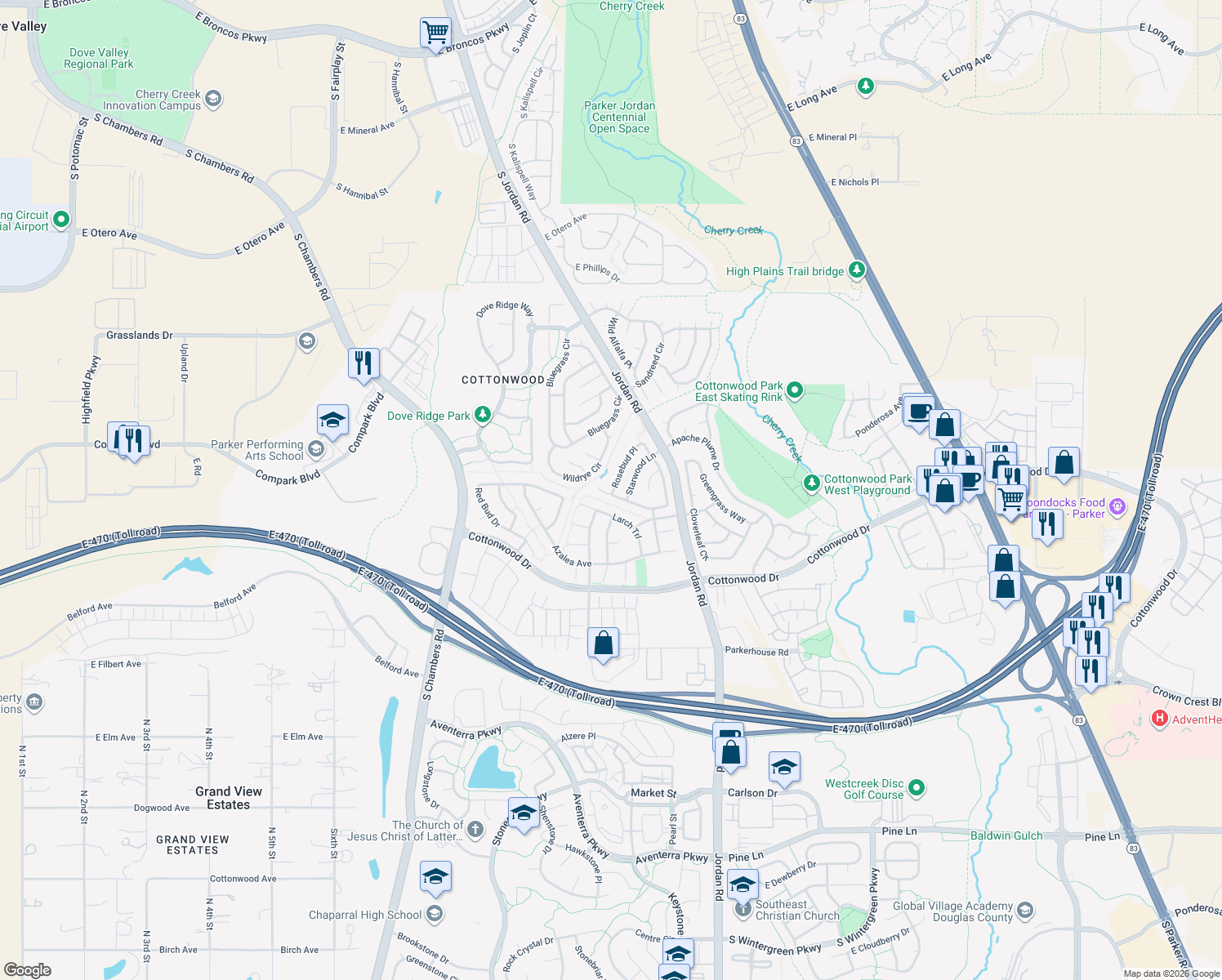 map of restaurants, bars, coffee shops, grocery stores, and more near 16397 Buckthorn Ln in Parker