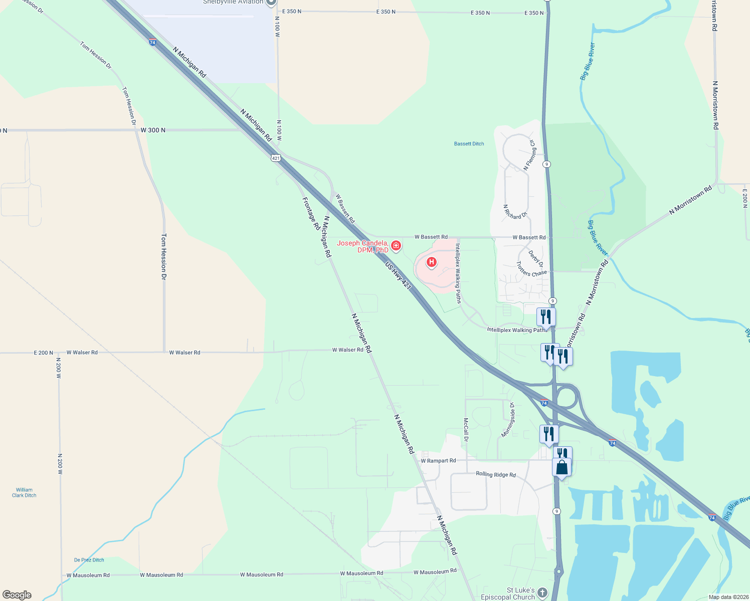 map of restaurants, bars, coffee shops, grocery stores, and more near 510 West Dwain Village in Shelbyville