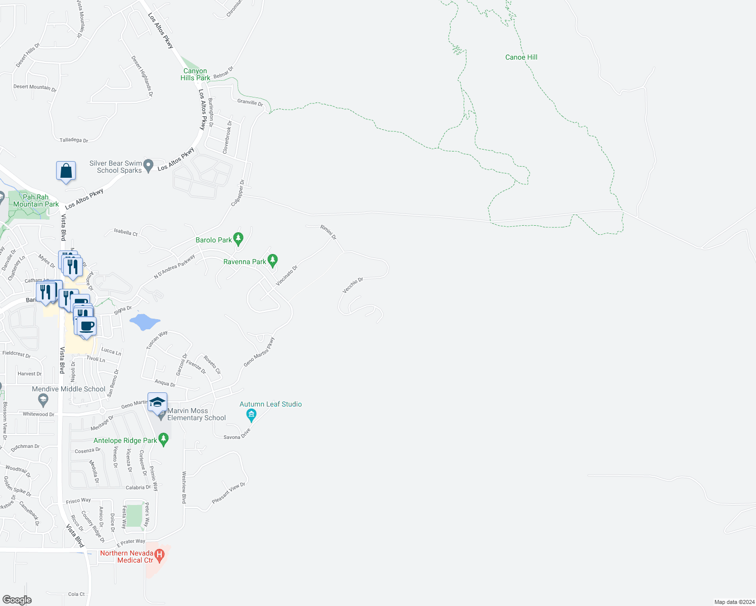 map of restaurants, bars, coffee shops, grocery stores, and more near 2798 Vecchio Drive in Sparks