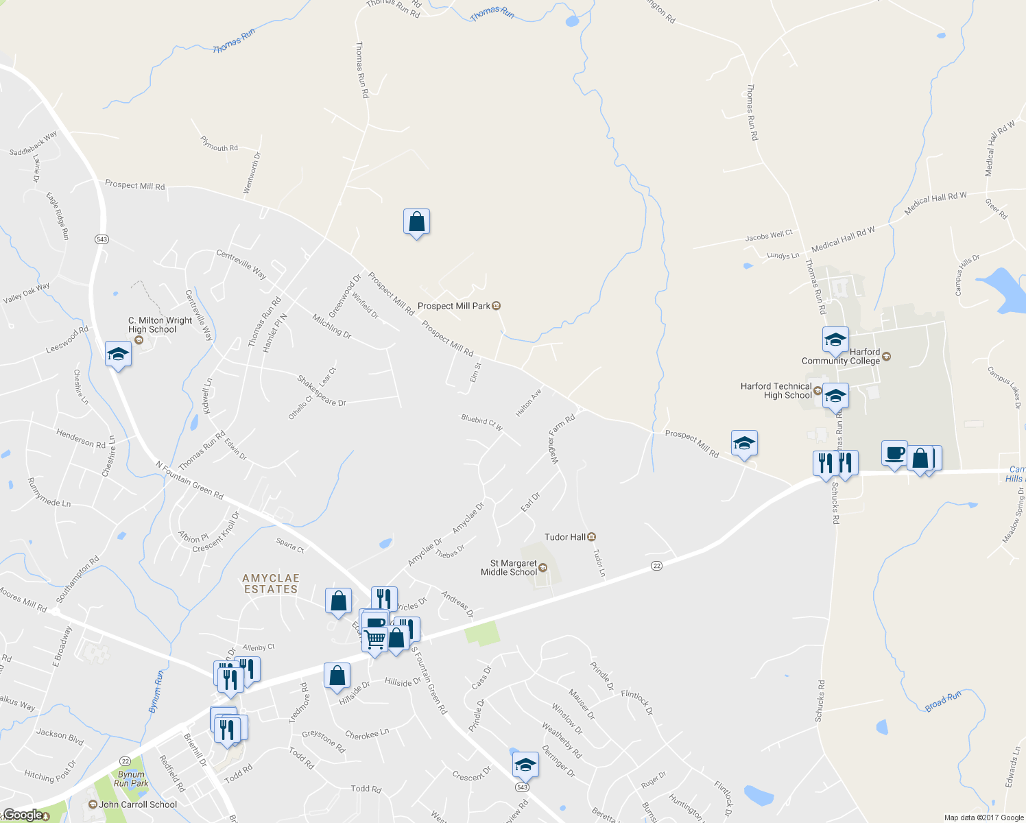 map of restaurants, bars, coffee shops, grocery stores, and more near 2002 Helton Avenue in Bel Air