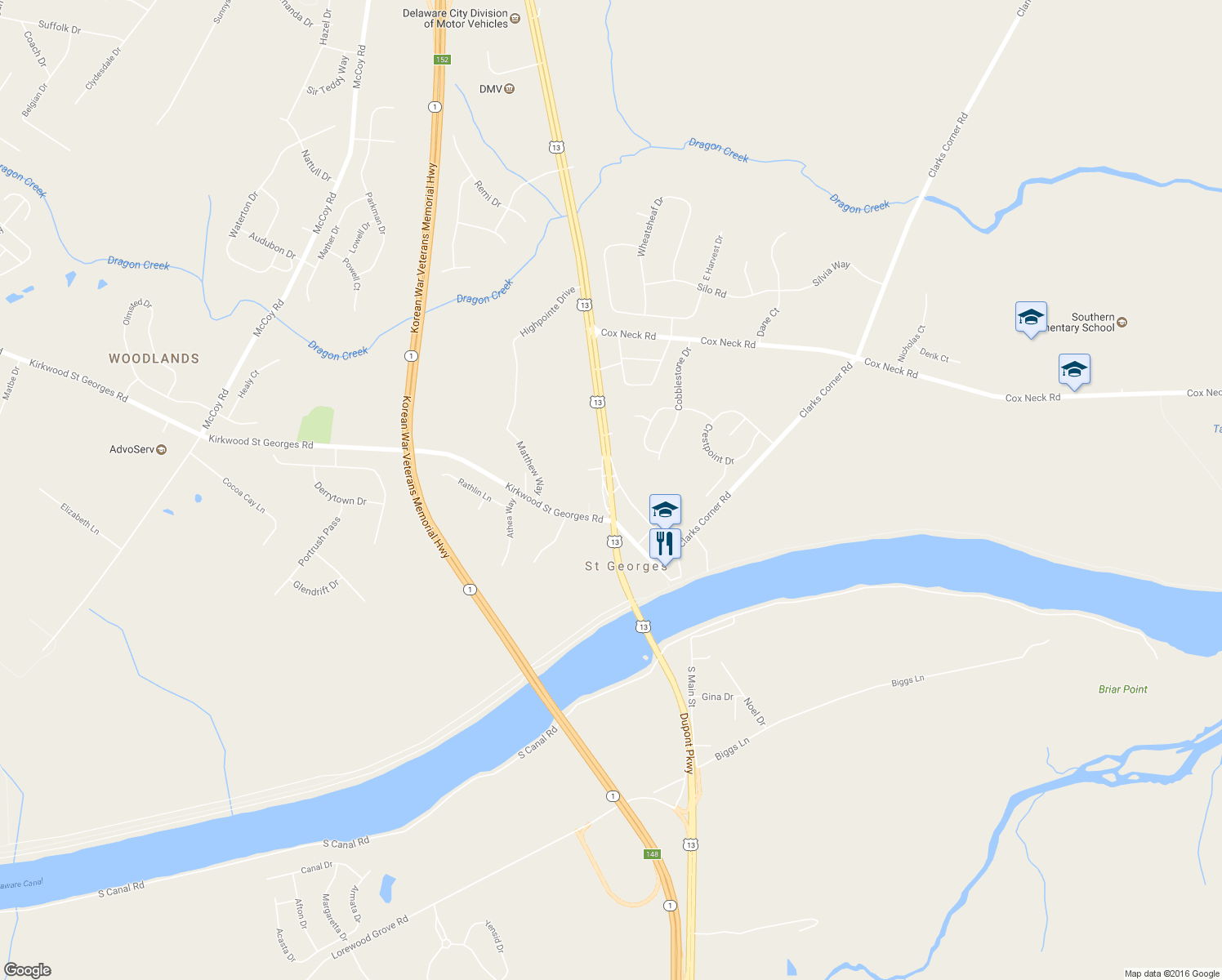 map of restaurants, bars, coffee shops, grocery stores, and more near U.S. 13 in Saint Georges