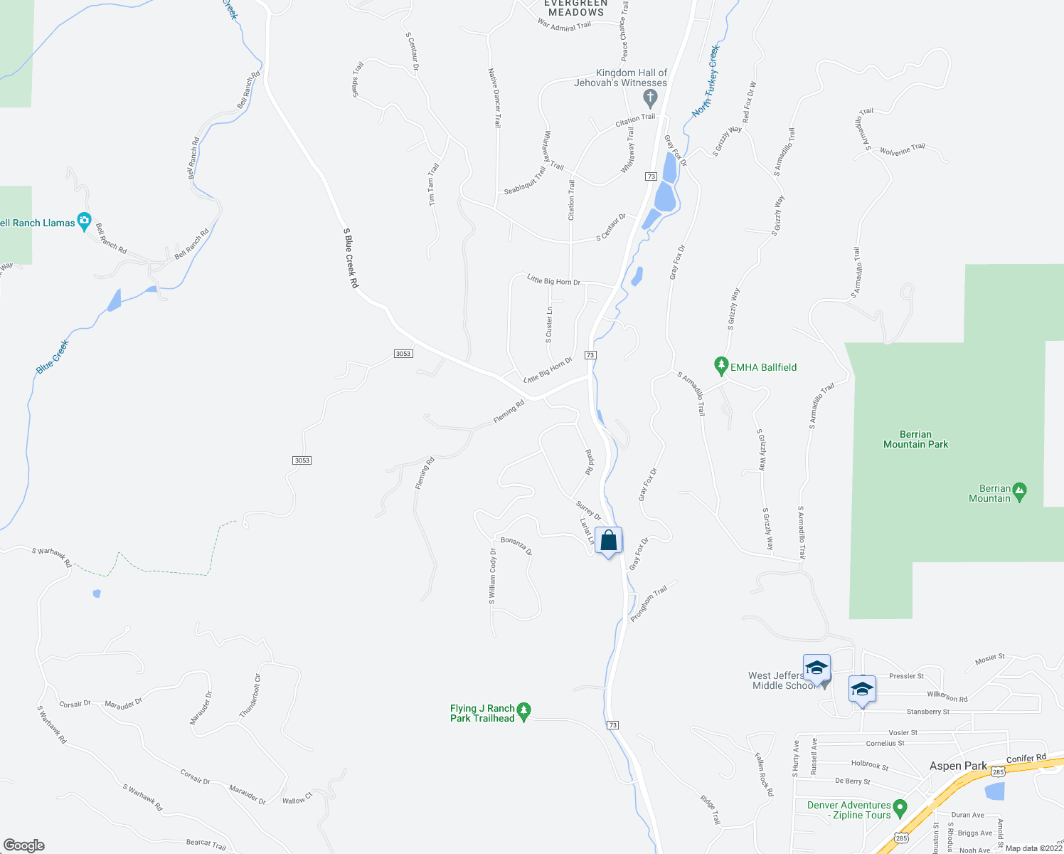 map of restaurants, bars, coffee shops, grocery stores, and more near 8779 William Cody Drive in Evergreen