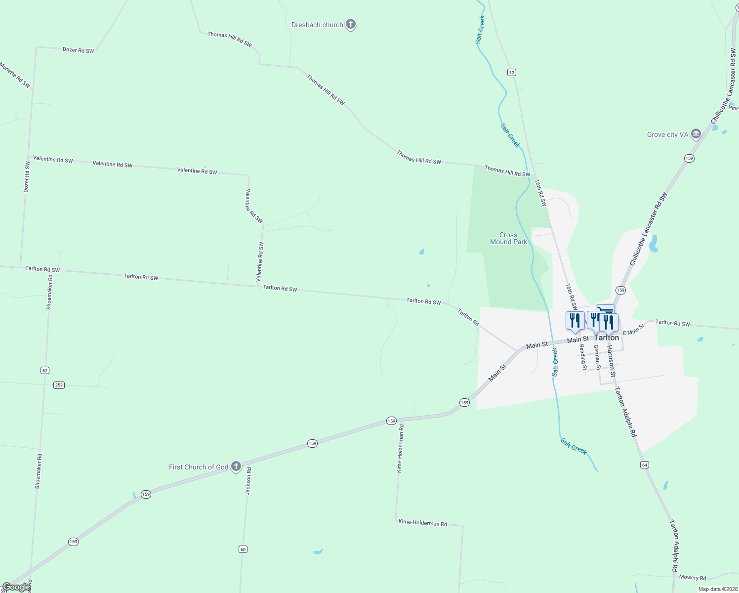 map of restaurants, bars, coffee shops, grocery stores, and more near 12499 Tarlton Road Southwest in Circleville