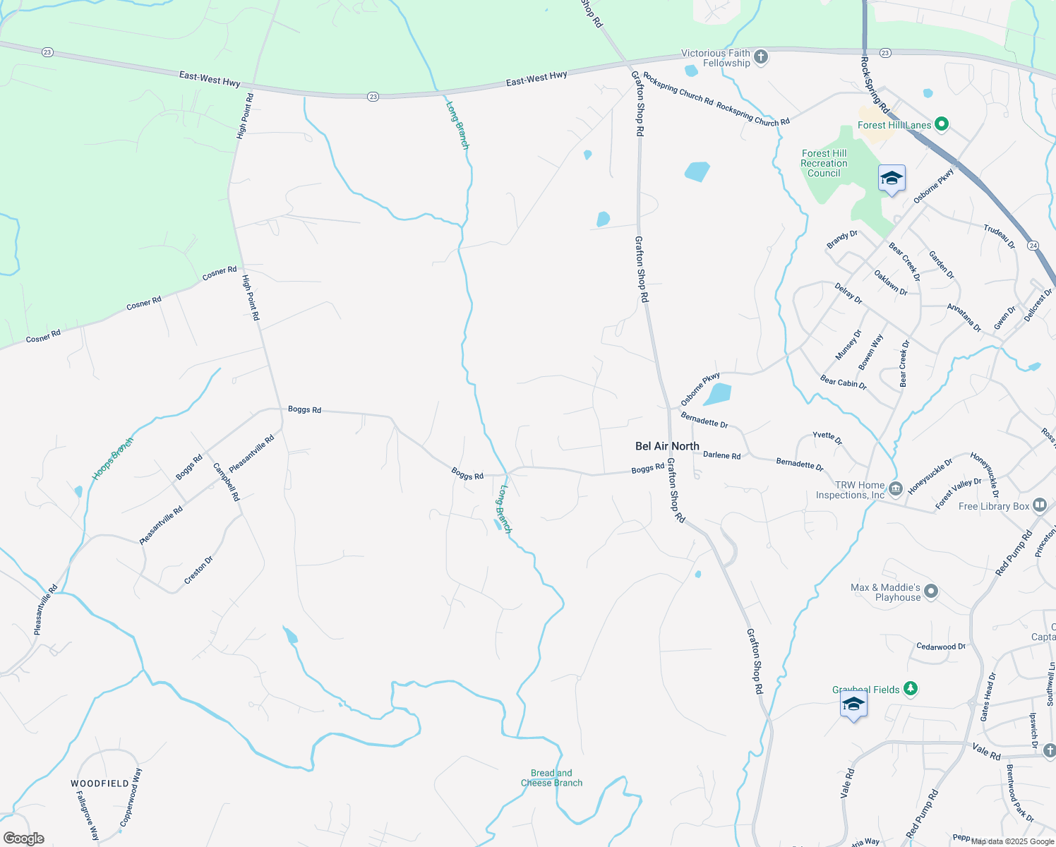 map of restaurants, bars, coffee shops, grocery stores, and more near 1322 Boggs Road in Bel Air North