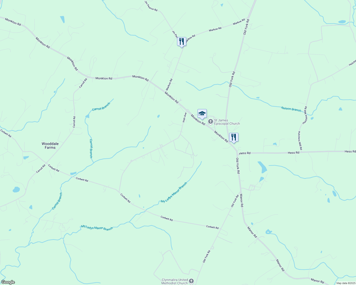 map of restaurants, bars, coffee shops, grocery stores, and more near 15867 Irish Avenue in Monkton