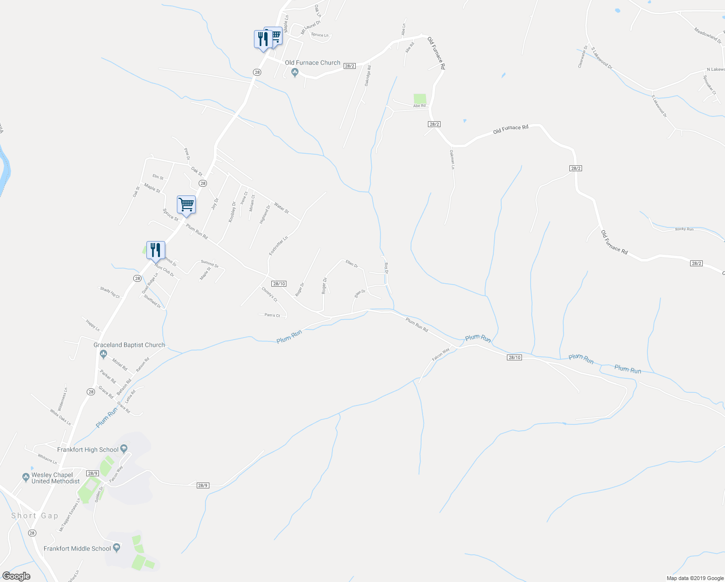 map of restaurants, bars, coffee shops, grocery stores, and more near Ellen Drive in Ridgeley