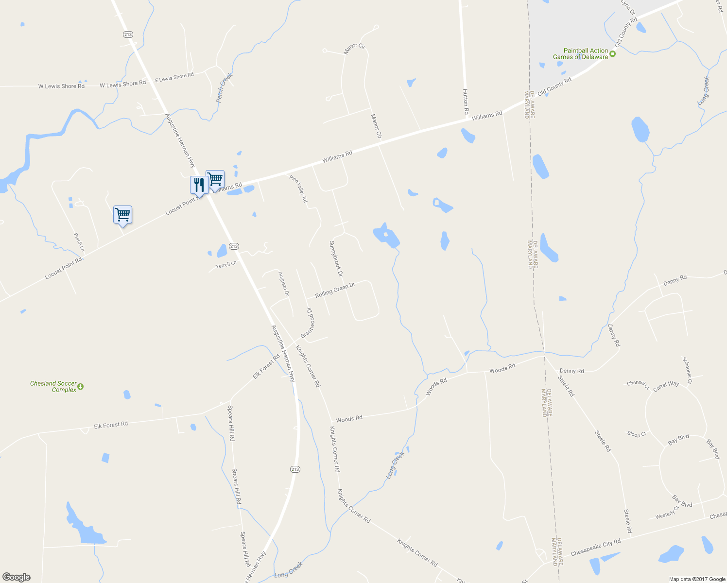 map of restaurants, bars, coffee shops, grocery stores, and more near 160 Woodcrest Drive in Elkton