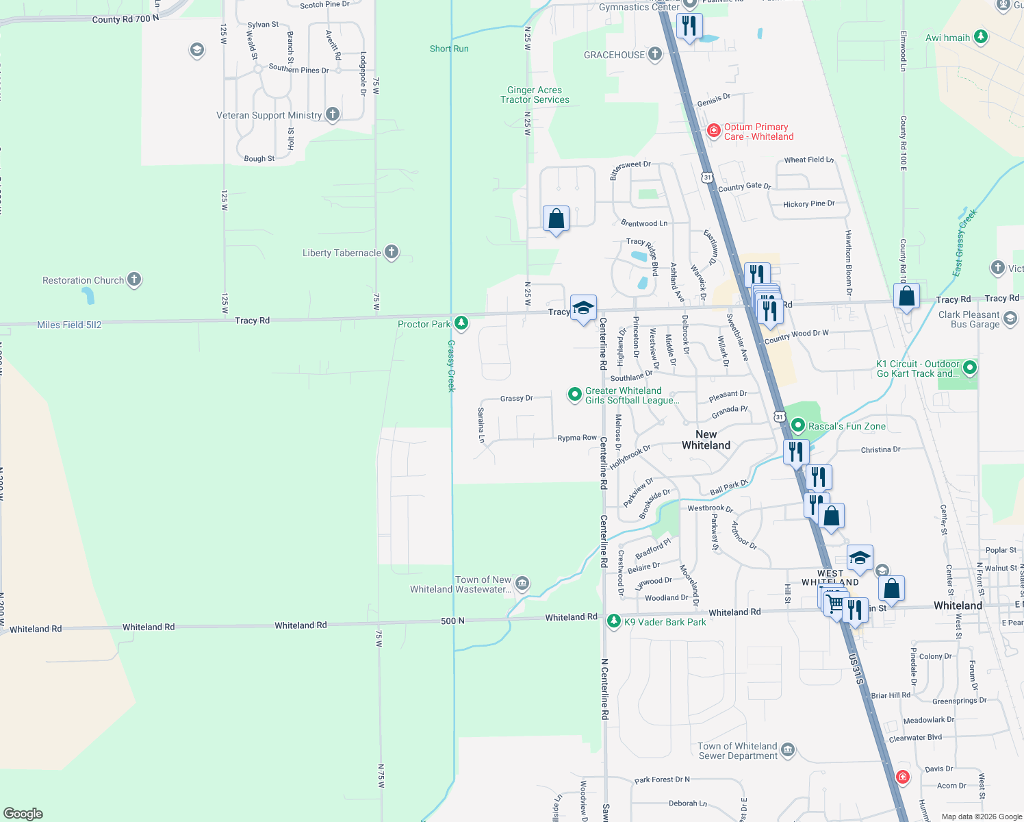 map of restaurants, bars, coffee shops, grocery stores, and more near 612 Morningside Drive in Whiteland