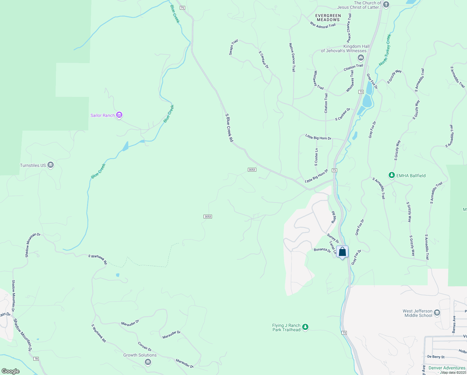 map of restaurants, bars, coffee shops, grocery stores, and more near 8661 South Blue Creek Road in Evergreen