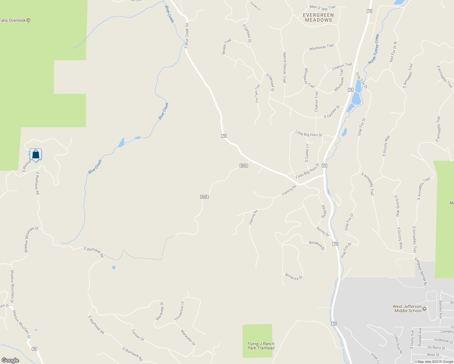 map of restaurants, bars, coffee shops, grocery stores, and more near 8661 South Blue Creek Road in Evergreen