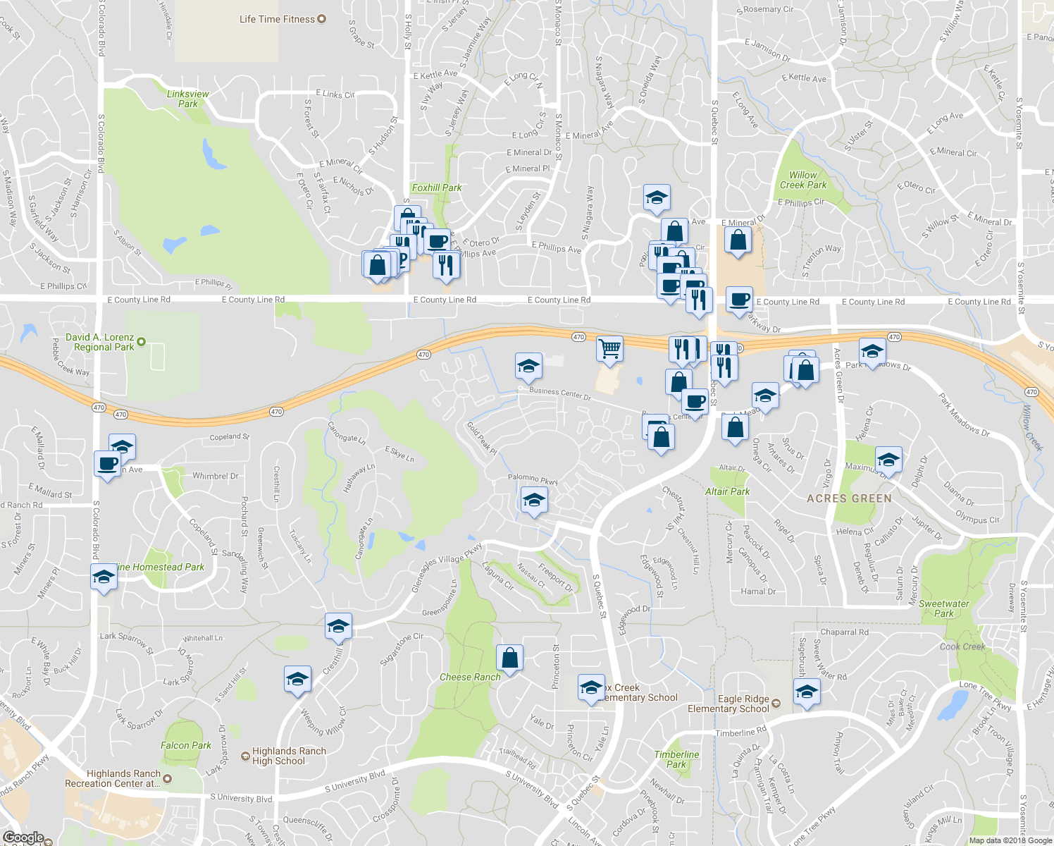 map of restaurants, bars, coffee shops, grocery stores, and more near 8565 Gold Peak Drive in Highlands Ranch