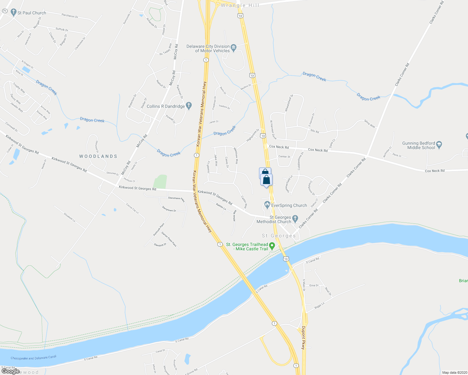 map of restaurants, bars, coffee shops, grocery stores, and more near 1225 Caitlin Way in New Castle