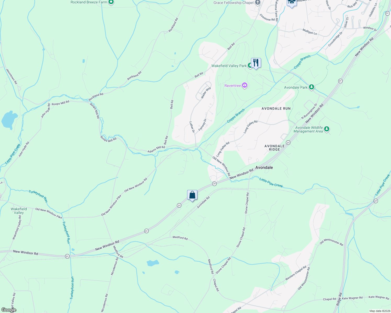 map of restaurants, bars, coffee shops, grocery stores, and more near 1315 Old New Windsor Pike in Westminster
