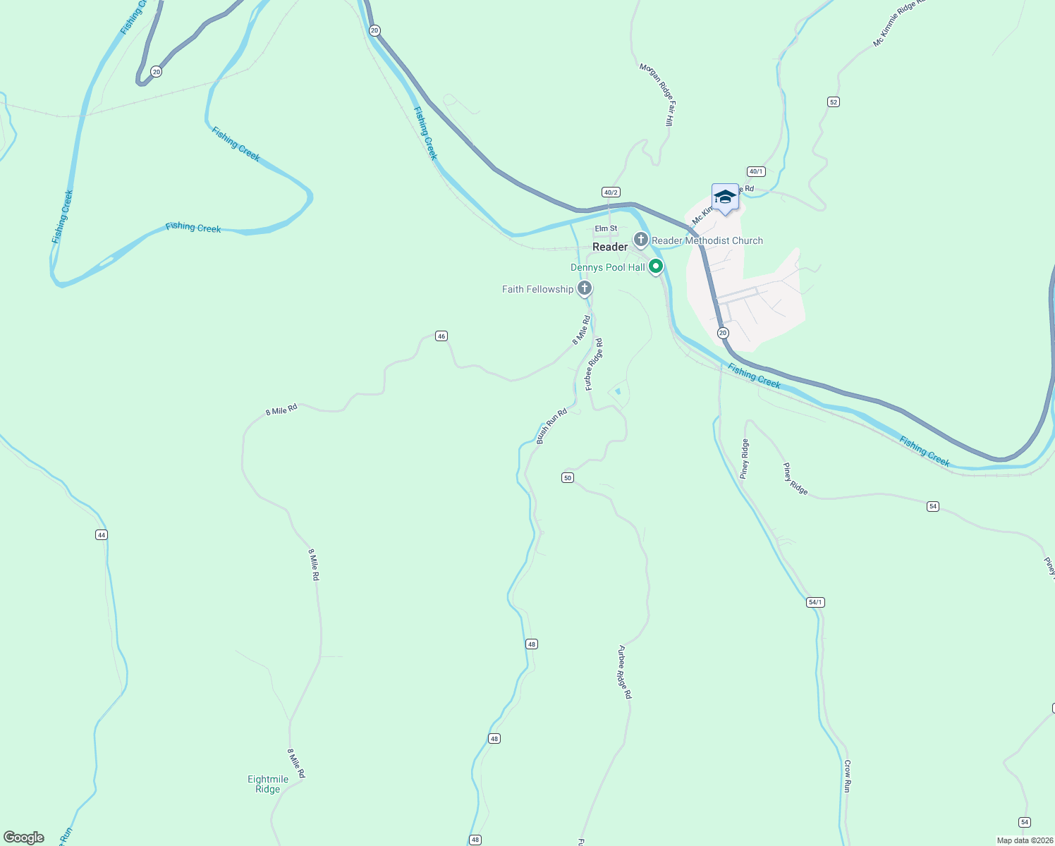 map of restaurants, bars, coffee shops, grocery stores, and more near 408 Brush Run Road in Reader