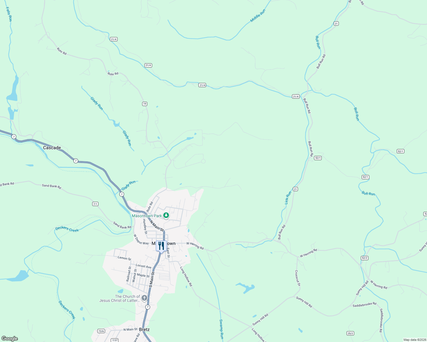 map of restaurants, bars, coffee shops, grocery stores, and more near in Masontown