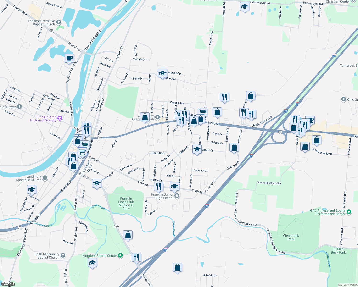 map of restaurants, bars, coffee shops, grocery stores, and more near 877 Foster St in Franklin