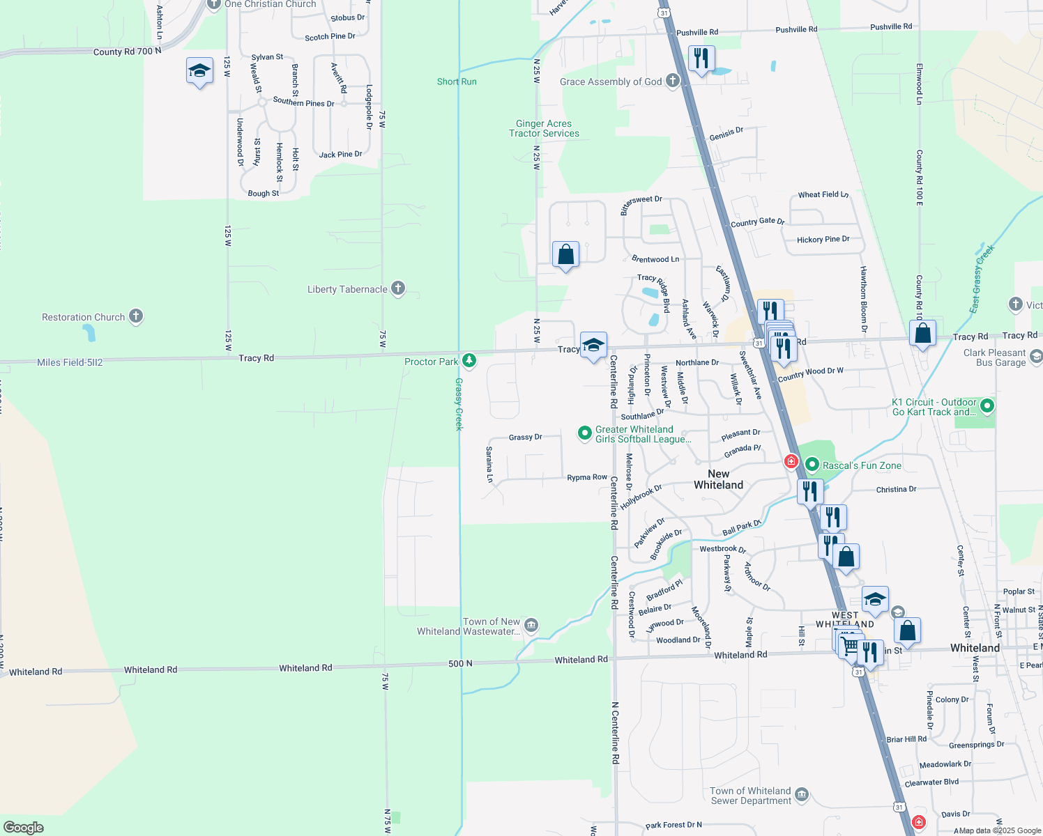 map of restaurants, bars, coffee shops, grocery stores, and more near 935 Nicole Way in Whiteland