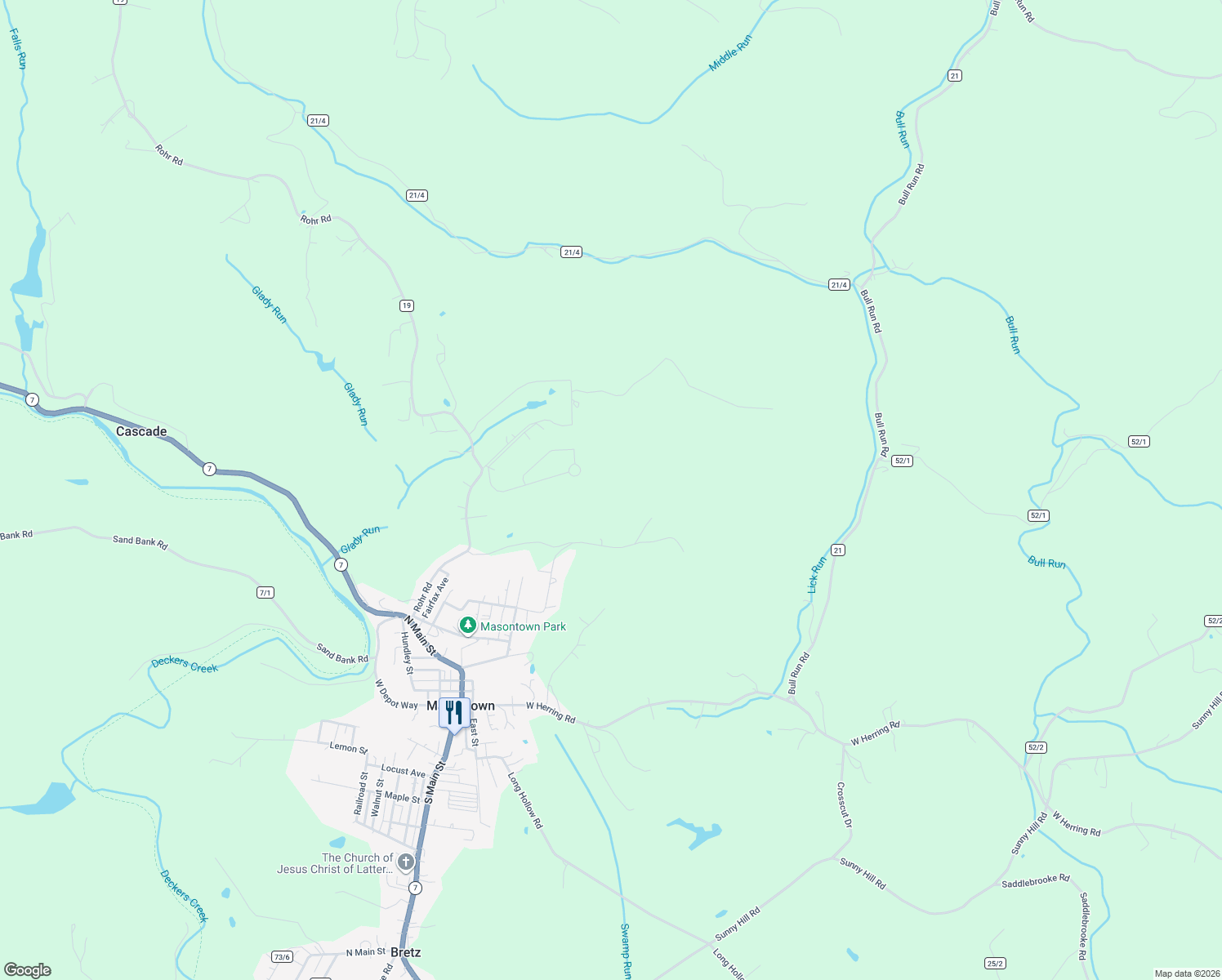 map of restaurants, bars, coffee shops, grocery stores, and more near in Masontown