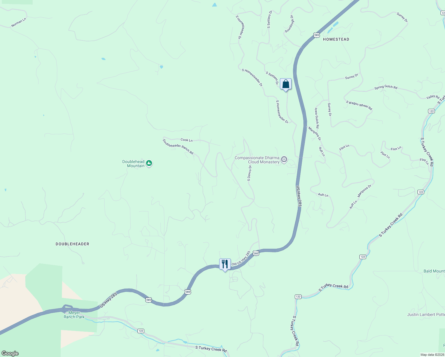map of restaurants, bars, coffee shops, grocery stores, and more near 8483 Doubleheader Ranch Road in Morrison