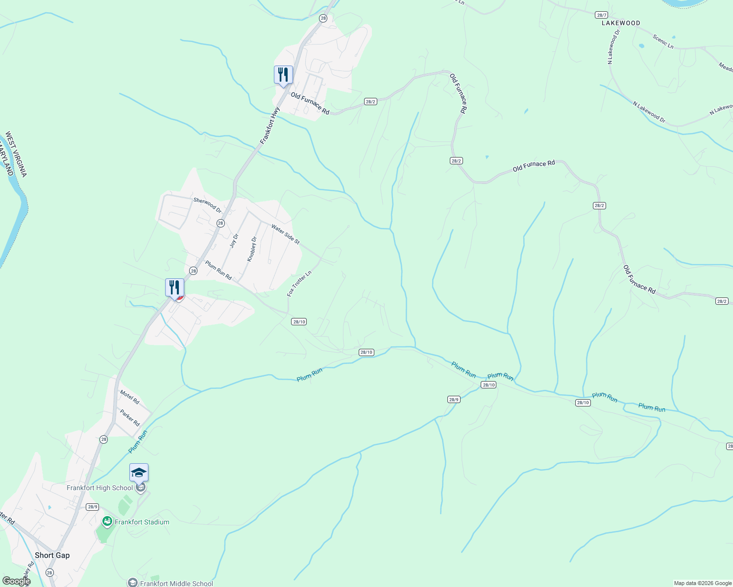 map of restaurants, bars, coffee shops, grocery stores, and more near Ellen Drive in Ridgeley