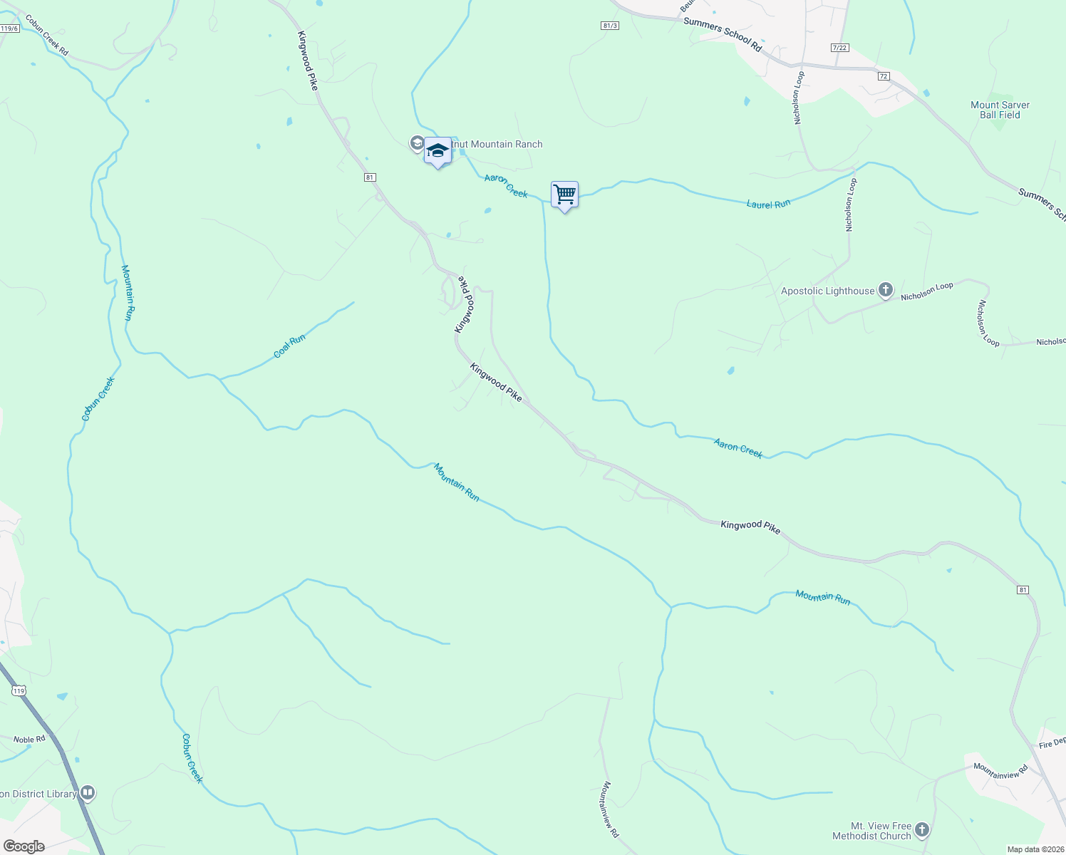 map of restaurants, bars, coffee shops, grocery stores, and more near 1728 Kingwood Pike in Morgantown