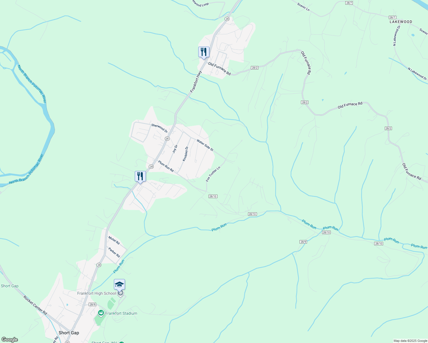 map of restaurants, bars, coffee shops, grocery stores, and more near Foxtrotter Lane in Ridgeley