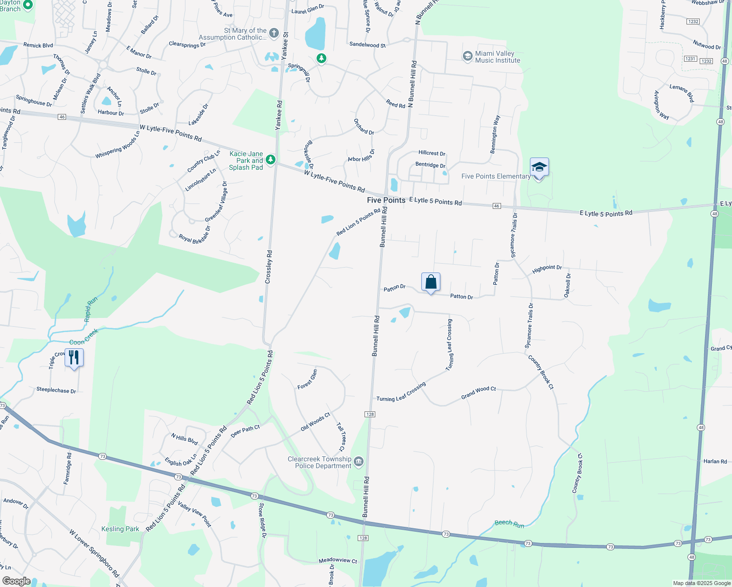 map of restaurants, bars, coffee shops, grocery stores, and more near 8541 Bunnell Hill Road in Springboro
