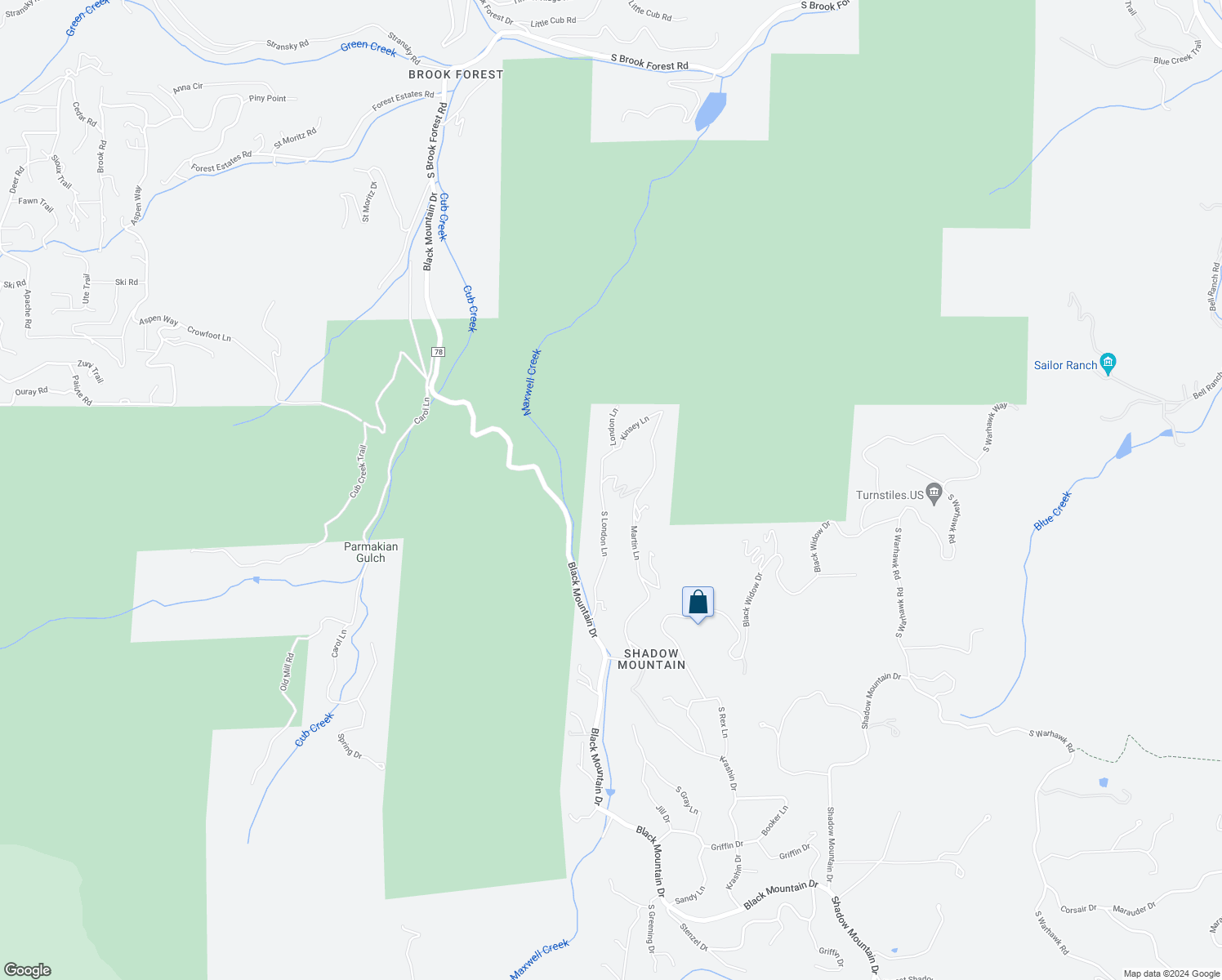 map of restaurants, bars, coffee shops, grocery stores, and more near 8513 Martin Lane in Conifer