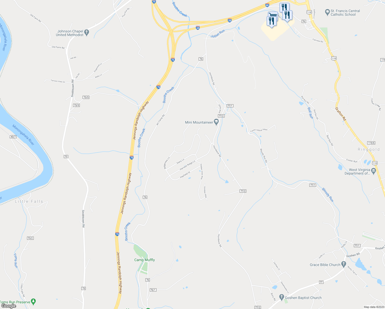 map of restaurants, bars, coffee shops, grocery stores, and more near 301-399 Dairy Lane in Morgantown