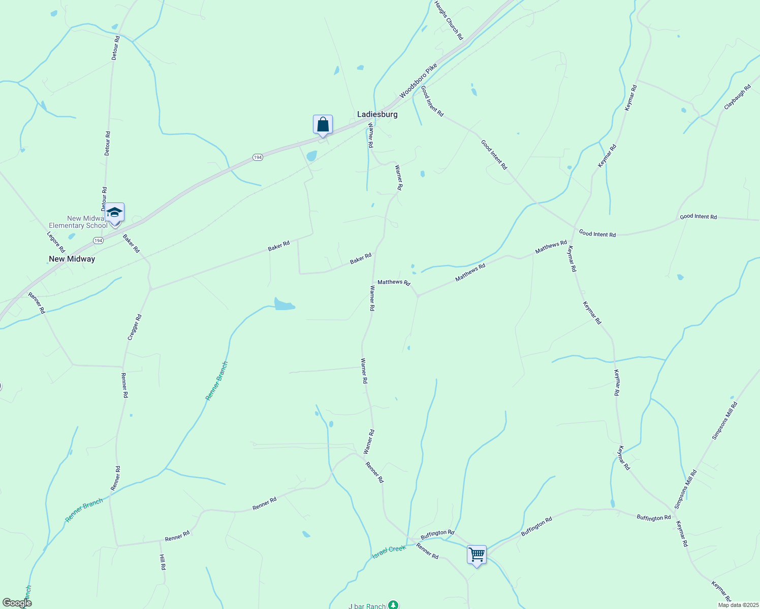 map of restaurants, bars, coffee shops, grocery stores, and more near 12005 Warner Road in Keymar