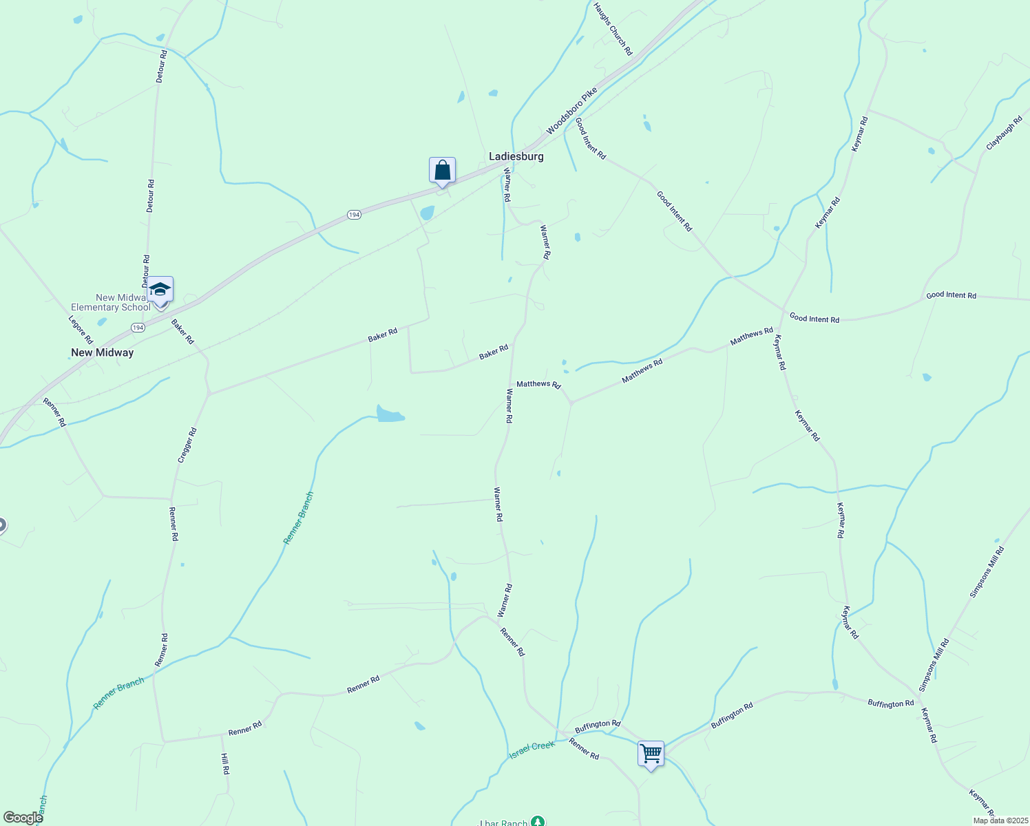 map of restaurants, bars, coffee shops, grocery stores, and more near 12005 Warner Road in Keymar
