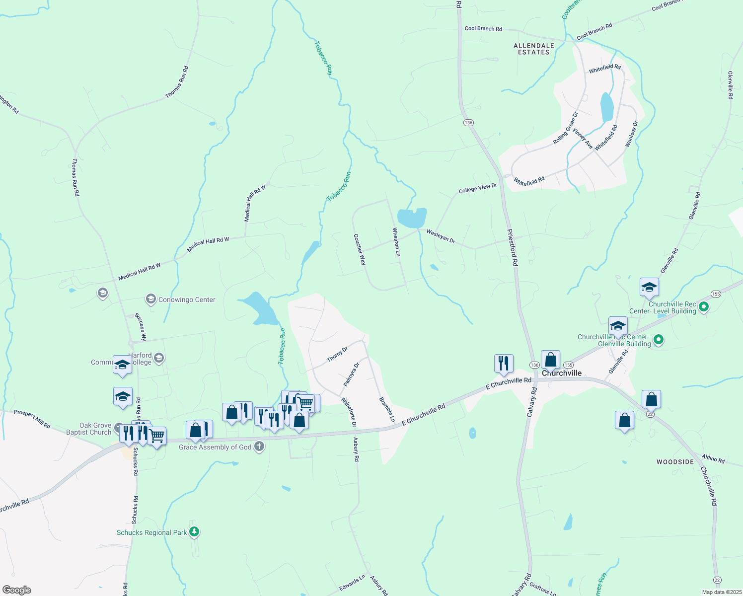 map of restaurants, bars, coffee shops, grocery stores, and more near 128 Goucher Way in Churchville