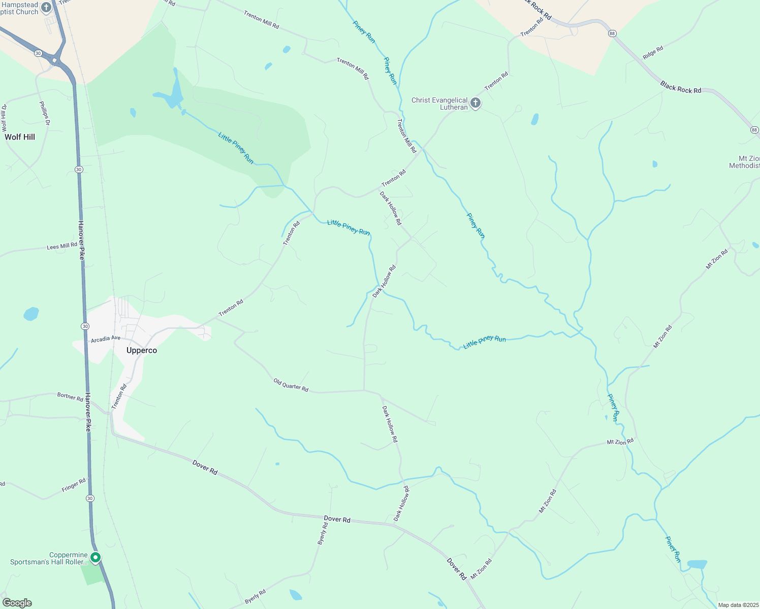 map of restaurants, bars, coffee shops, grocery stores, and more near 16025 Dark Hollow Road in Upperco