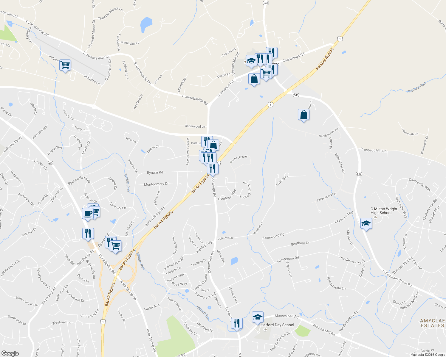 map of restaurants, bars, coffee shops, grocery stores, and more near 1420 Roman Ridge Way in Bel Air