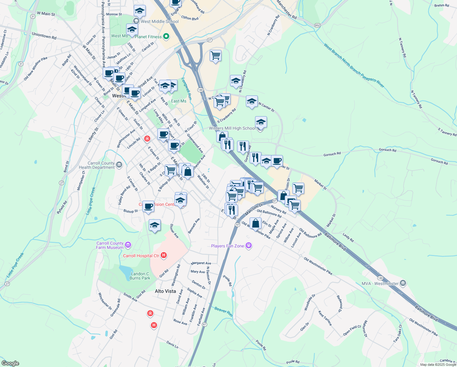 map of restaurants, bars, coffee shops, grocery stores, and more near 354 Fair Avenue in Westminster