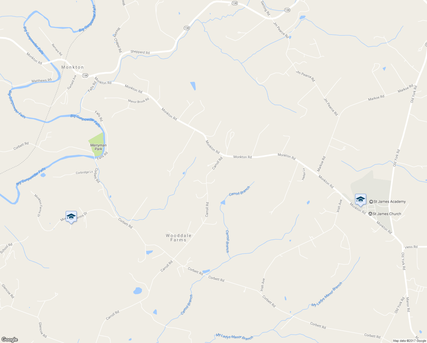 map of restaurants, bars, coffee shops, grocery stores, and more near 16105 Carroll Road in Monkton
