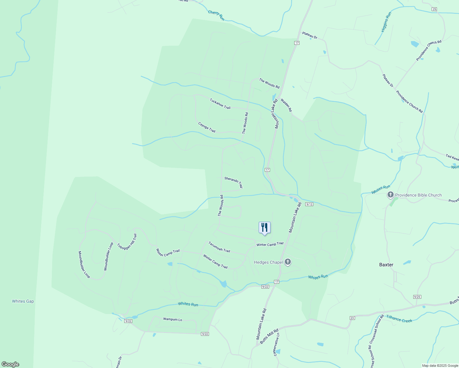 map of restaurants, bars, coffee shops, grocery stores, and more near 72 Sherando Trail in Hedgesville